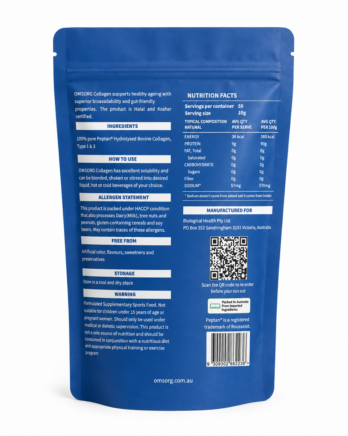 Collagen Powder, 500g, Type I & III Unflavoured, Halal & Kosher
